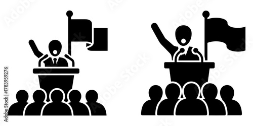 A powerful speaker addresses a crowd with a flag waving, symbolizing political activism and public speaking