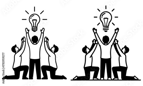 Group of people reaching for a light bulb, symbolizing teamwork, collaboration, and the pursuit of innovative ideas