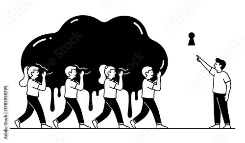 A group carrying a burden towards a keyhole, representing teamwork, problemsolving, and finding solutions