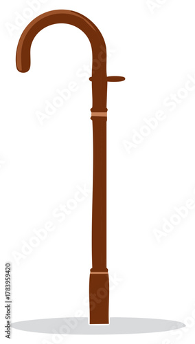 Cartoon Illustration of a Classic Brown Wooden Walking Cane with a Handle