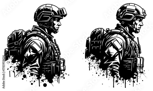 Two detailed black and white drawings of a soldier with full gear