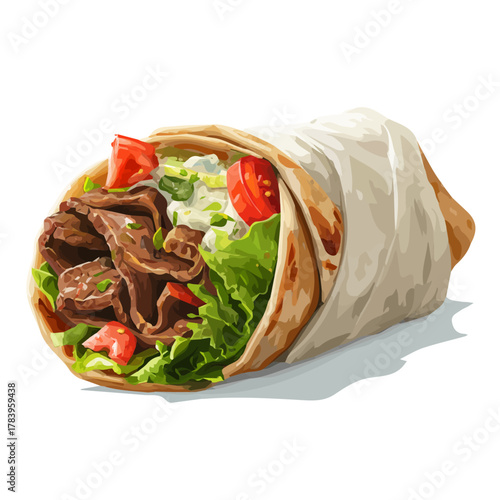 Beef Shawarma, 2D flat vector illustration in icon style, isolated on a white background