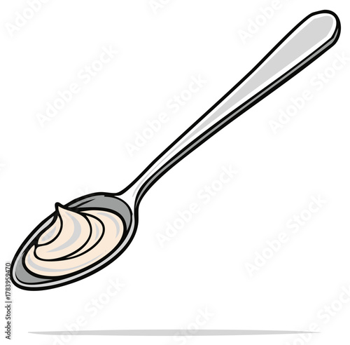 Graphic illustration of a silver metal spoon holding a dollop of light creamy sauce or condiment
