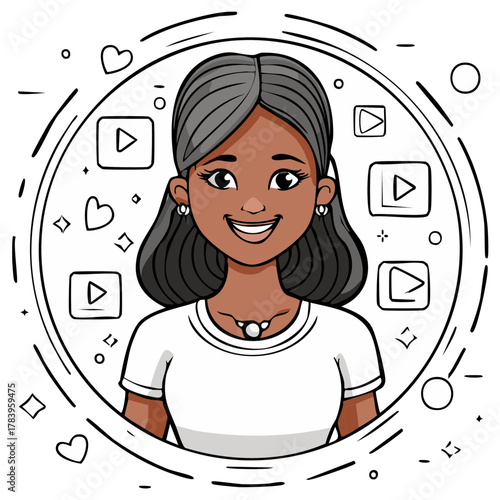 Happy Black woman vlogger and content creator portrait with social media icons cartoon illustration