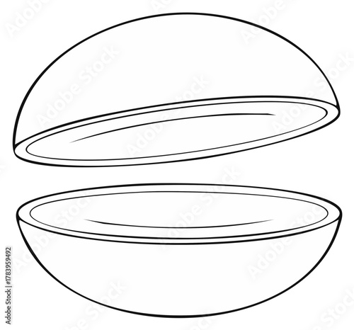 Line drawing of a two-part spherical bowl with a lid, isolated