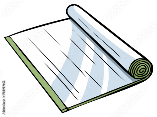 Cartoon illustration of rolled up light blue yoga mat with dark outline on a plain white background.