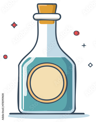 Cute cartoon bottle with blue liquid and cork stopper