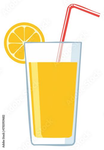Glass of fresh orange juice with a drinking straw and citrus slice garnish simple vector illustration