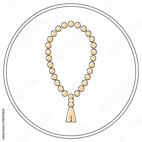 Islamic prayer beads illustration in circle, religious object on white background.