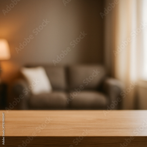 Modern wooden table in realistic indoor setting with blurred cozy background and natural side lighting for product placement