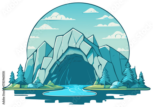 Cartoon mountain landscape with river flowing from a large cave entrance and evergreen trees under a blue sky