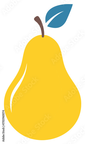 Stylized pear illustration with green leaf and brown stem offers simplistic graphic fruit design
