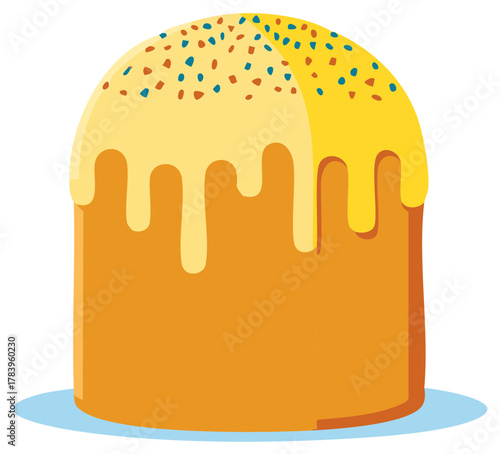 Traditional Easter Kulich cake with sweet dripping white icing and colorful sugar sprinkles.