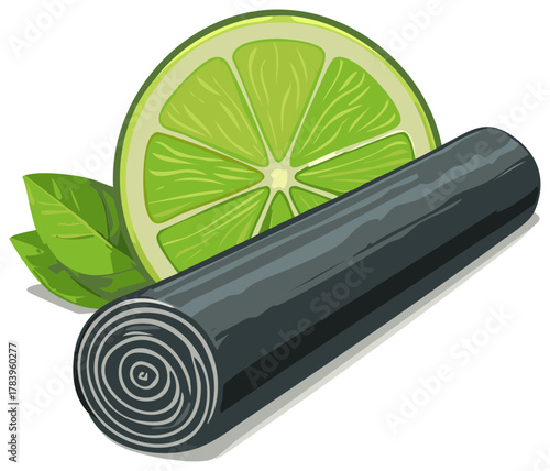 Activated Charcoal and Lime Slice Vector Illustration, Culinary Ingredient Drawing with Herbal Leaves, Detoxification Concept