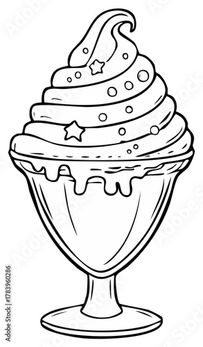 Whimsical outline drawing of a swirled ice cream sundae with star and circle decorations in a glass bowl