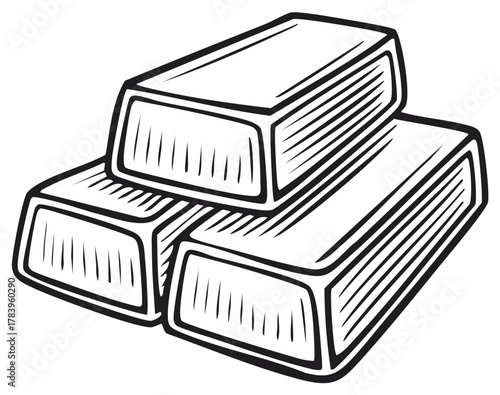 Gold Bars Illustration, Stacked, Black and White