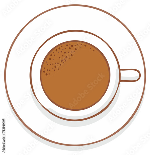 Top view of a steaming cup of coffee with foam and a saucer