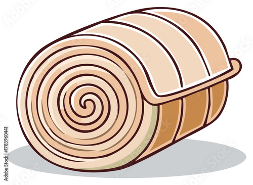 Stylized cartoon illustration of a tightly rolled beige blanket or sleeping mat with spiral design