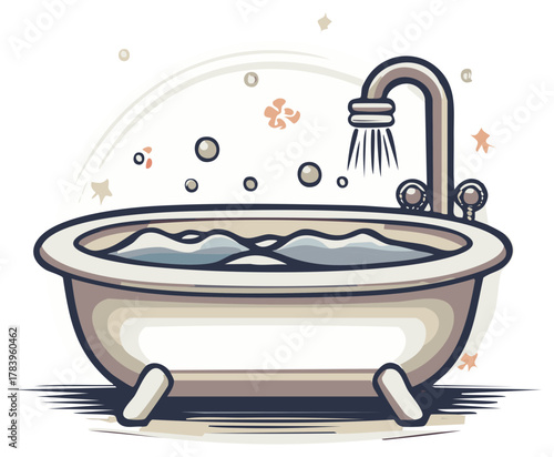 Stylized illustration of a bathtub filling with water from a shower head with bubbles and decorative elements