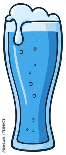 Cartoon illustration of tall pilsner glass with light blue fluid and white foamy head