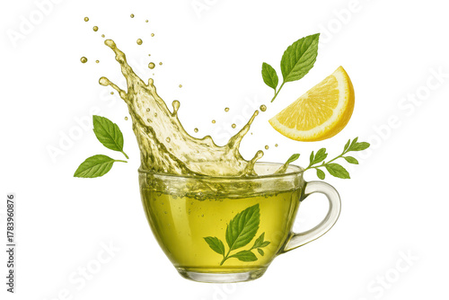 Green tea splash with fresh lemon slice and mint leaves, refreshing herbal detox beverage on transparent background