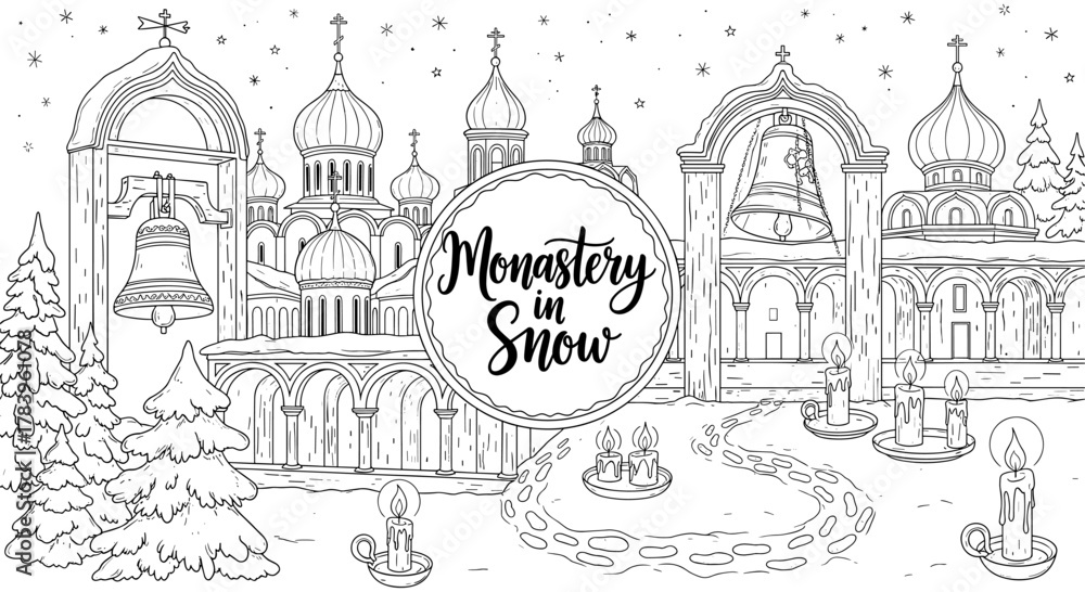Obraz premium Winter monastery scene with snow and candles in a line art style