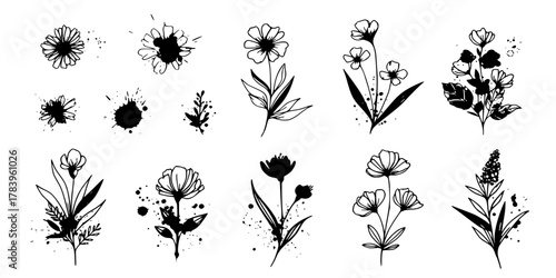 Groovy daisy flowers set. Flat black icons. Simple flower silhouette. Retro vintage style, hand drawn decorative elements.