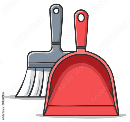 Vector Illustration of a Red Dustpan and Grey Hand Brush Cleaning Set