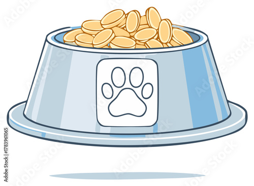 Cartoon illustration of a full pet food bowl with dry kibble and a paw print symbol