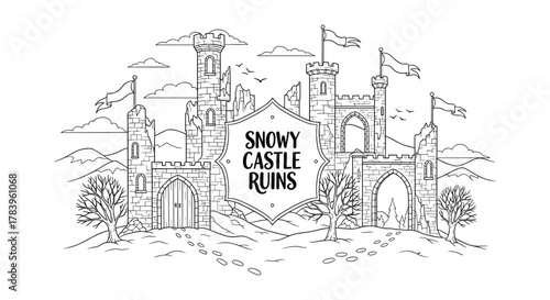 Majestic snowy castle ruins in winter outline with barren trees and proclaiming banners