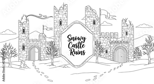 Intricate snowy castle ruins with bare trees in linear style