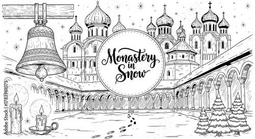 Winter monastery scene: hand-drawn architectural beauty with snowy courtyard and candlelit atmosphere