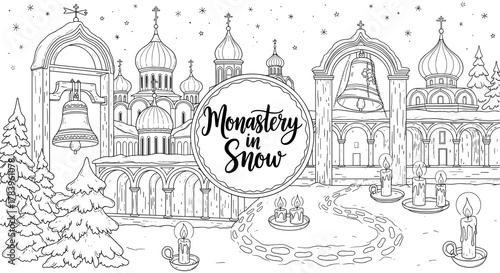 Winter monastery scene with snow and candles in a line art style