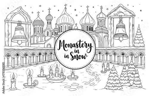 Winter monastery scene with snow and candles in elegant line art design