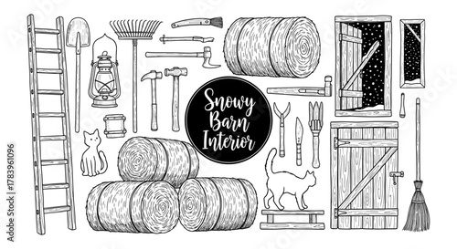 Rustic barn tools and cats in snowy winter setting hand drawn style