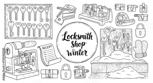 Winter locksmith elements: keys, locks, patterns in vintage hand drawn style