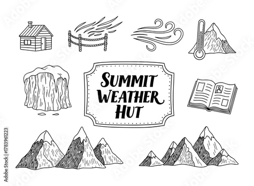 Hand drawn mountain elements with summit weather hut and alpine features
