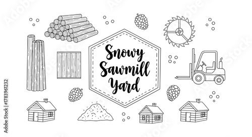 Winter sawmill yard with log cabin and equipment in outline style