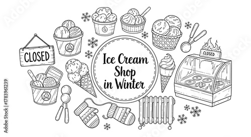 Winter ice cream shop: hand drawn design with cones and frozen treats