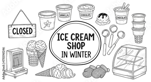 Hand drawn winter ice cream shop elements with cones, scoops, and flavors