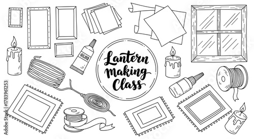 Lantern making diy workshop with decorative supplies in doodle style