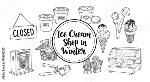 Winter ice cream shop elements: cozy sketch style with cones, mittens, and more