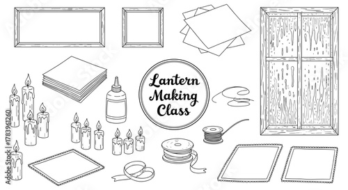 Artistic lantern crafting class supplies: frames, candles, glue, paper in hand drawn style