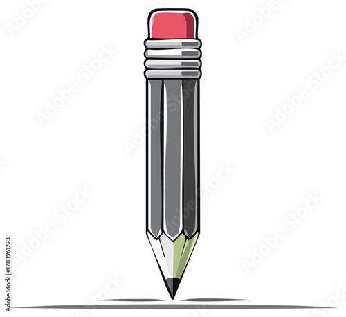 Cartoon illustration of a grey pencil with eraser and sharp tip