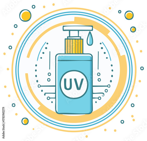 Sunscreen Bottle with UV Protection within Circular Abstract Tech Design, Blue and Yellow Tones