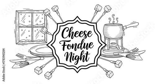 Cozy cheese fondue night graphic with line art style and food elements