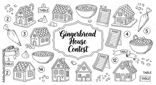 Hand drawn gingerbread house design contest with decorating tools and number tags