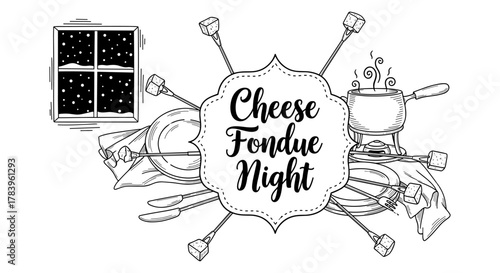 Rustic cheese fondue night: vintage design with snowy window and fondue utensils