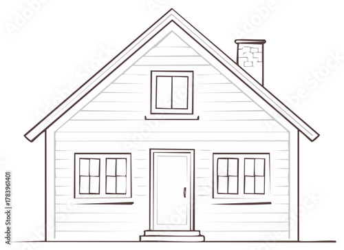 Simple Home Illustration Front View with Chimney and Windows Outline Style