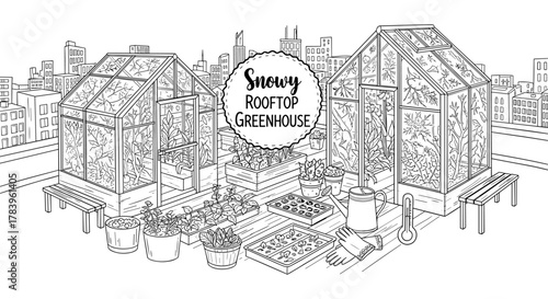 Rooftop greenhouse gardening in the city: black and white line art of plants and urban skyline
